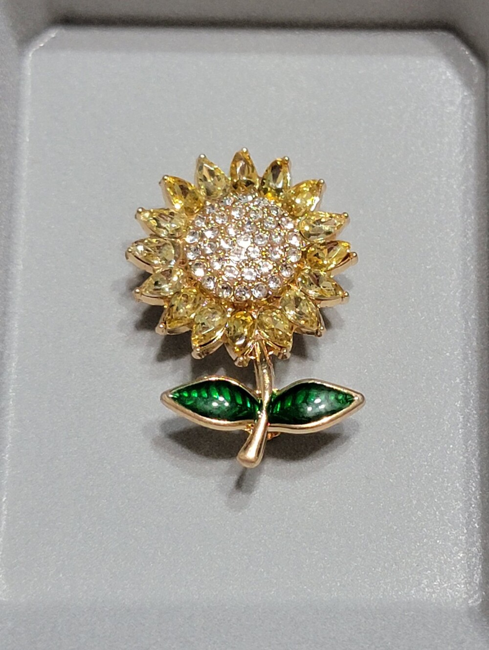 Gold-Tone Sunflower Brooch Pin with Yellow Crystals and Green Enamel Leaves